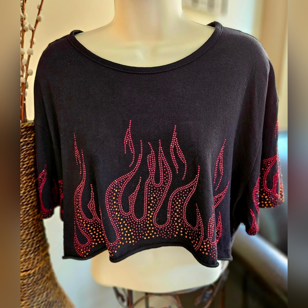 Emma• Sam Black Flame Beaded Embellished Crop Top